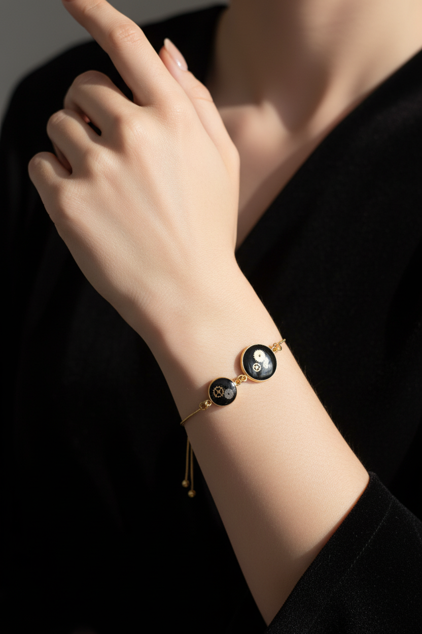 Steampunk Twin Gear Bracelet Worn by Woman